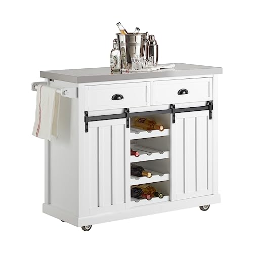 SoBuy FKW94-W Design Küchenwagen mit Flaschenablage Küchenschrank mit 2 Schiebetüren und 2 Schubladen Kücheninsel mit Edelstahlplatte Sideboard Weiß BHT ca.: 116x95x46cm von SoBuy