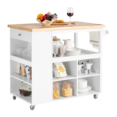 SoBuy FKW97-WN Design Küchenwagen Kücheninsel mit Klappe Küchenschrank mit Regalfächern Rollwagen Sideboard auf Rollen Küchentrolley Weiß-Natur BHT ca.: 108x90x60cm von SoBuy