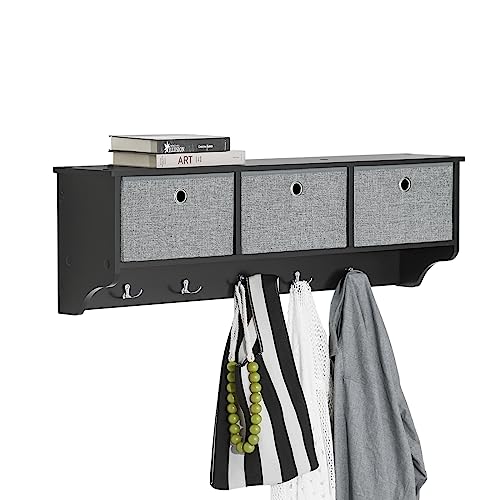 SoBuy FRG282-SCH Wandgarderobe Flurgarderobe Kleiderhaken Hängeregal mit 3 Körben und 5 Haken Garderobe Schwarz BHT ca. 100x30x20cm von SoBuy