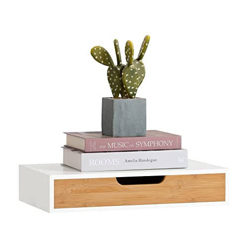 SoBuy Wandregal mit Schublade - Modernes Regal Wand für Flur, Wohnzimmer & Schlafzimmer - Weiß & Natur 40x24x8cm FRG92-WN von SoBuy
