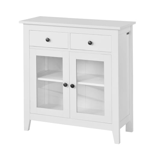 SoBuy FSB05-W Kommode Sideboard Küchenschrank mit 2 Schubladen und 2 Glastüren Flurschrank Wohnzimmerschrank B80XT32XH86cm weiß von SoBuy