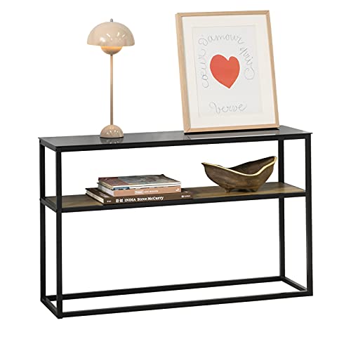 SoBuy FSB43-SCH Vintage Konsolentisch mit Glasoberfläche Metall Flurtisch Dekotisch Sideboard schmaler Beistelltisch Sofatisch Natur/Schwarz BHT ca: 110x70x30cm von SoBuy