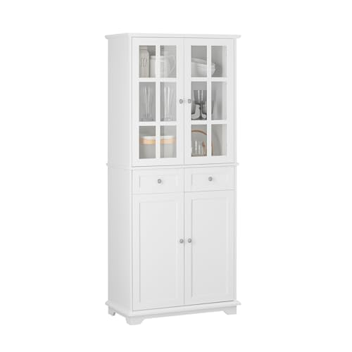 SoBuy FSB76-W Küchenschrank mit Glastüren Hochschrank Aufbewahrungsschrank Badezimmerschrank mit 6 Fächern und 2 Schubladen Buffet Weiß BHT ca. 75x175x40cm von SoBuy