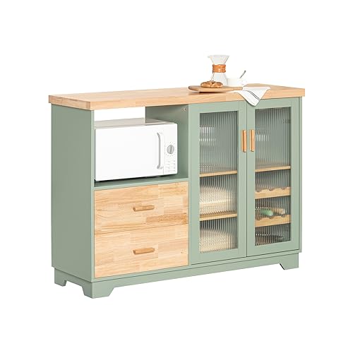 SoBuy Küchenschrank Buffet Kommode mit Glastüren & Schubladen Sideboard mit 120 cm Arbeitsplatte, Mikrowellenfach & Weinregal Küchenmöbel für Wohnzimmer & Esszimmer Grün 120x90x40cm FSB81-GR von SoBuy