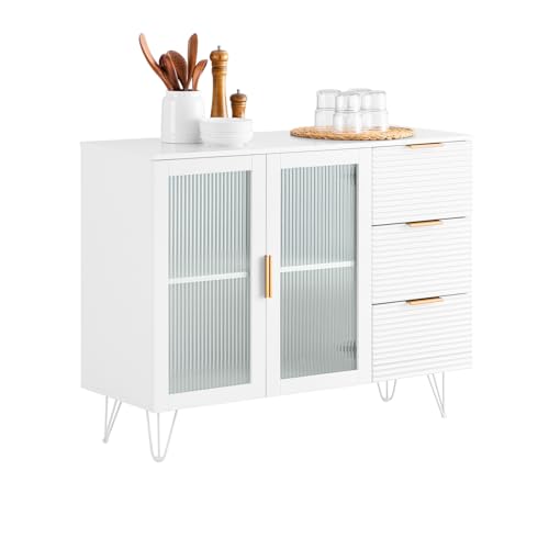 SoBuy FSB86-W Küchenschrank Kücheninsel mit Glastüren freistehend Highborad Kommode Sideboard Bartisch Buffet Badezimmerschrank Weiß BHT ca. 108x85x40cm von SoBuy