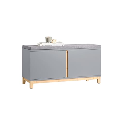 SoBuy Schuhbank mit Sitzfläche Garderobenbank Sitzbank mit Stauraum Dielenbank Schuhtruhe Sitzkommode schuhregal mit sitzbank Sitzbank schmal BHT ca.: 90x46x34cm, Holzwerkstoff, Hellgrau FSR117-HG von SoBuy