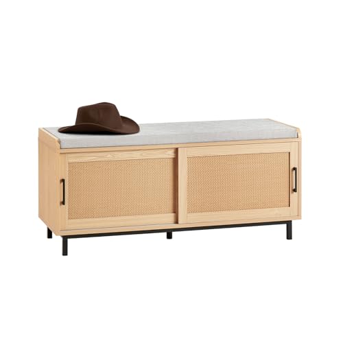 SoBuy FSR154-N Schuhbank mit Sitzfläche Dielenbank mit Schiebetüren Schuhtruhe Sitzbank mit Stauraum Sitzkommode Schuhregal schmal Natur BHT ca. 110x49x40cm von SoBuy