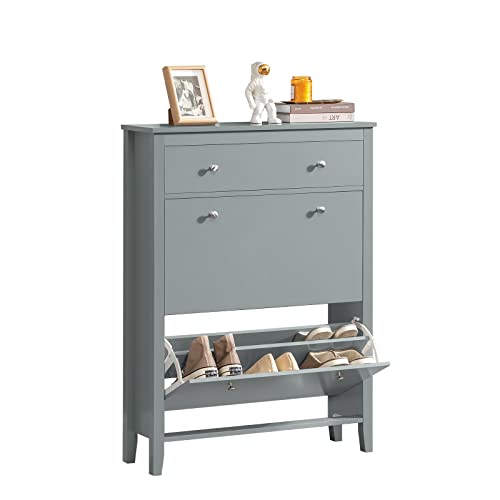 SoBuy Schuhschrank Schuhkipper Schmal mit 2 Klappen und Schublade – Schuhregal für Flur, Kommode für 12-14 Paar Schuhe, Grau, 80x108x25cm, Robust und platzsparend, FSR89-HG von SoBuy