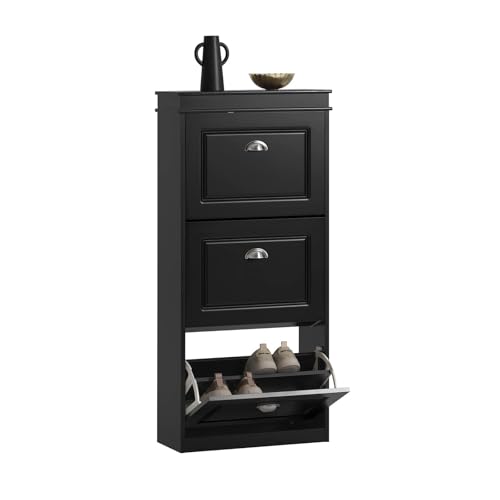 SoBuy Schuhschrank mit 3 Klappen - Schmaler Schuhkipper mit 6 Ablagen, Verstellbares Schuhregal für Diele, Flur & Eingangsbereich - Flurschrank mit Kippsicherung 53x117x24 cm Schwarz FSR94-SCH von SoBuy
