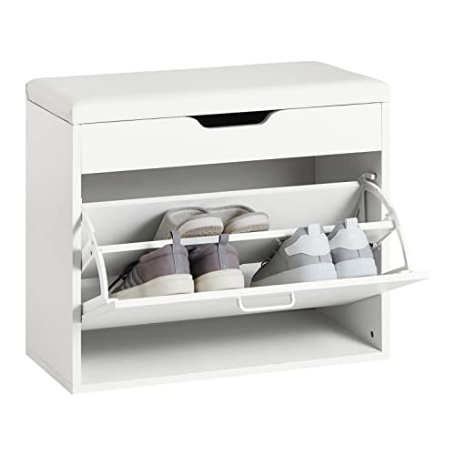 SoBuy Schuhbank mit Sitzkissen & Stauraum – Sitzbank Flur mit Klappe & Schuhregal Platzsparend – Weiß, 60x50x30cm, bis 120kg belastbar – Modell FSR95-W von SoBuy