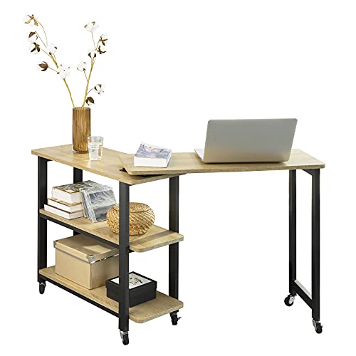 SoBuy FWT83-N L-förmiger Beistelltisch mit 2 Ablagen Sofatisch mit Rollen Couchtisch Eckschreibtisch Computertisch Arbeitstisch Industrie-Design BHT ca.: 133x69x30cm von SoBuy