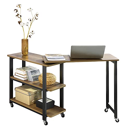 SoBuy FWT83-PF L-förmiger Beistelltisch mit 2 Ablagen Sofatisch mit Rollen Couchtisch Eckschreibtisch Computertisch Arbeitstisch Industrie-Design BHT ca.: 133x69x30cm von SoBuy