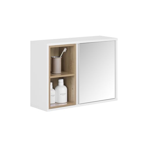SoBuy Hängeschrank mit 1 Spiegeltür und 2 Fächern Spiegelschrank Spiegel Aufbewahrungsschrank für Bad Badezimmerschrank mit offenen Fächern Badschrank Weiß BHT ca. 60x45x20cm BZR149-W von SoBuy