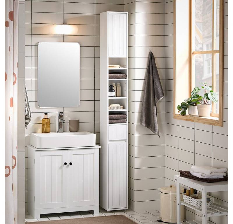 SoBuy Hochschrank BZR160, Badzimmerschrank schmal, Badezimmer Hochschrank mit 5 Fächern Badschrank Badregal mit 1 Schublade und Türen Badezimmer von SoBuy