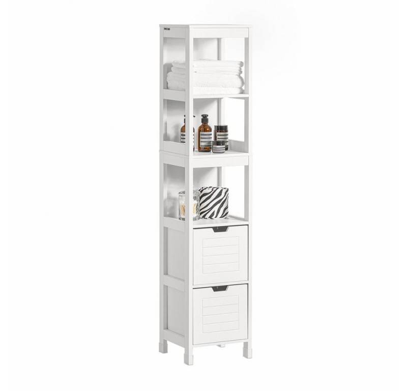 SoBuy Hochschrank FRG126, Badkommode, Schrank freistehend, Badschrank schmal schmale Säule, Badezimmerschrank mit 2 Schubladen, 3 offenen Fächern von SoBuy