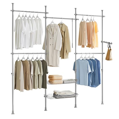 SoBuy KLS04-HG Teleskopstange Kleiderständer mit 5 Kleiderstangen und 2 Körben Teleskop Garderoben System Verstellbares Regalsystem B (209-311) x H (200-285) cm von SoBuy