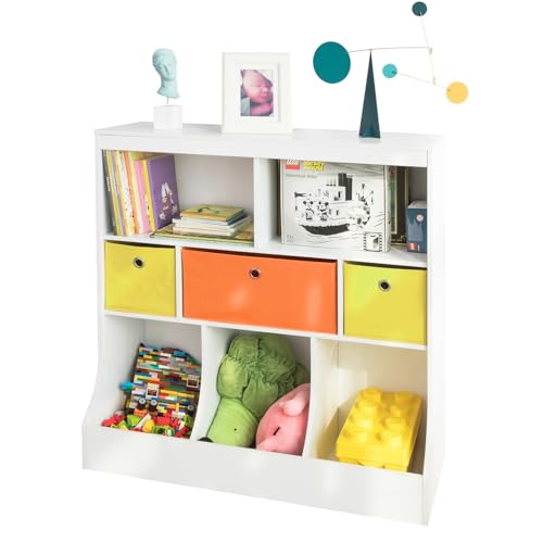 SoBuy KMB26-W Kinder Bücherregal Kinderregal mit 5 Ablagefächern und 3 Stoffboxen Spielzeugregal Aufbewahrungsregal für Kinder Spielzeug-Organizer Weiß BHT ca.: 92x93x40cm von SoBuy