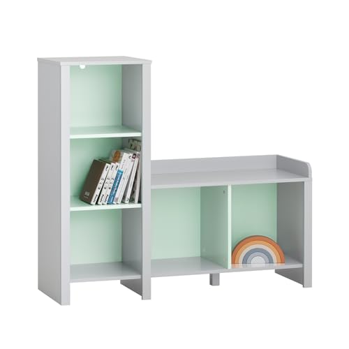 SoBuy KMB89-HG Kinder Sitzbank mit Bücherregal Spielzeugtruhe Spielzeugkiste Schuhbank Kinderregal Kinderzimmer Regal Aufbewahrungsregal für Kinder Hellgrau BHT ca. 90x82x30cm von SoBuy