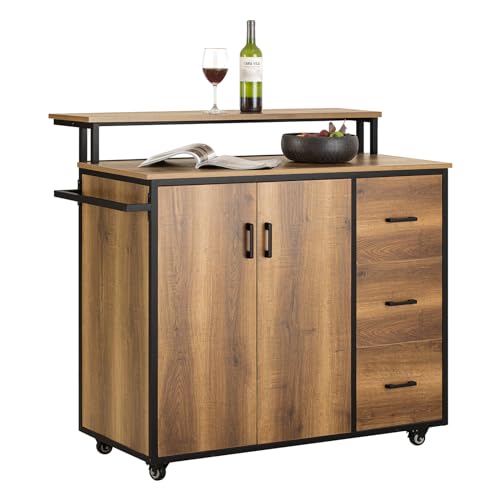 SoBuy KNL02-PF Design Küchenwagen mit Arbeitsplatte Kücheninsel mit Türen und Schubladen Küchenschrank Rollwagen Sideboard auf Rollen Küchentrolley Vintage braun BHT ca.: 113x106x69cm von SoBuy