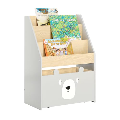 SoBuy Kinder Bücherregal Kinderregal mit 3 Ablagefächern und Einer herausnehmbaren Spielzeugtruhe Aufbewahrungsregal für Kinder Grau-Natur BHT ca. 51x70x28cm KMB104-HG von SoBuy