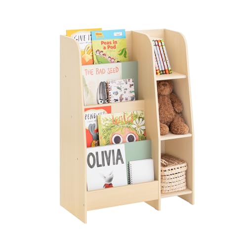 SoBuy Kinderbücherregal mit Kippschutz 90cm Höhe 3 Fächer + 4 Ablagen MDF E1 63x90x30cm Natur-Grün KMB114-GR von SoBuy