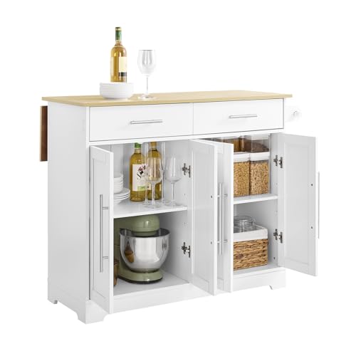 SoBuy Kücheninsel auf Rollen Servierwagen mit Rollen Küchenwagen mit ausziehbarer Arbeitsplatte Rollwagen mit Schubladen Barwagen für Küche, Esszimmer, Frühstücksbar Weiß 113x91x(44-69) cm FKW129-WN von SoBuy