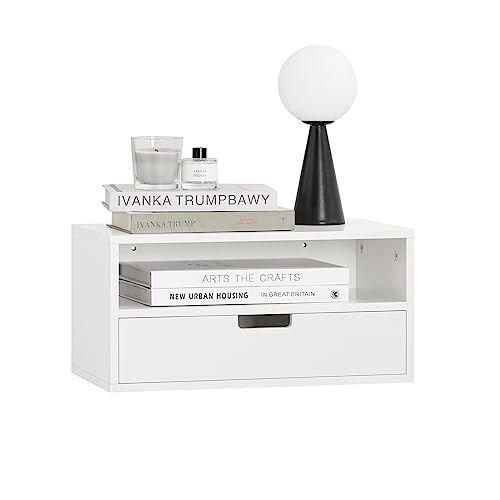SoBuy Schwebender Nachttisch – Platzsparendes Wandregal mit Schublade und offenem Fach, Wandmontierter Nachtschrank, Wandhängeschrank fürs Schlafzimmer, B 45 x T 25 x H 22 cm, Weiß, NKD03-W von SoBuy