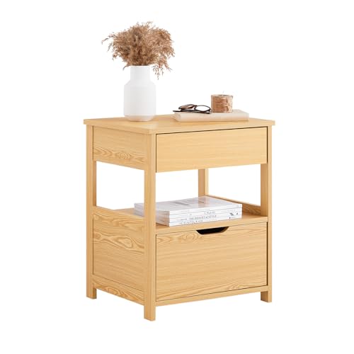 SoBuy Nachttisch, Nachtschrank mit 2 Schubladen und Ablage, Moderner Beistelltisch, Aufbewahrungsschrank für das Schlafzimmer, B45 x T38 x H55 cm Natur FRG258-N von SoBuy
