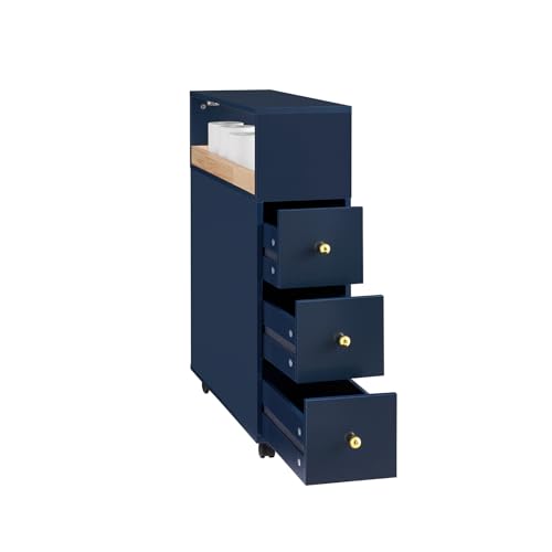 SoBuy Nischenregal mit 3 Schubladen und 1 abnehmbaren Nischenschrank mit Rollen Nischenwagen Rollwagen Badezimmerregal Badmöbel Blau BHT ca. 23x83x65cm BZR195-B von SoBuy