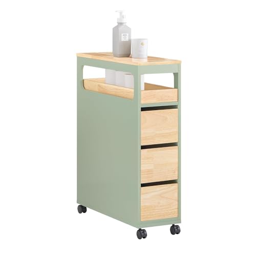 SoBuy Badezimmerschrank mit Rollen, Schmal Badschrank mit 3 Schubladen – Kompakte Kommode aus Holz, Beweglicher Nischenschrank für kleine Bäder, WC en Küche, Grün 65x24x82cm BZR54-GR von SoBuy