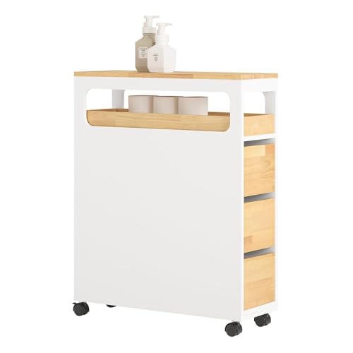 SoBuy Badezimmerschrank mit Rollen, Schmaler Badschrank mit 3 Schubladen, Kompakte Kommode aus Holz, Beweglicher Nischenschrank für kleine Bäder, WC en Küche, Weiß+Natur, 65x23x82cm, BZR54-WN von SoBuy