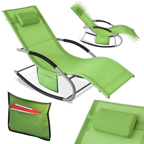 SoBuy Sonnenliege Gartenliege wetterfest Liegestuhl Schaukelstuhl mit Kopfkissen Relaxliege Schaukelliege Strandliege Outdoor Terrasse Balkon Camping bis 150 kg Grün Gartenmöbel OGS28-GR von SoBuy