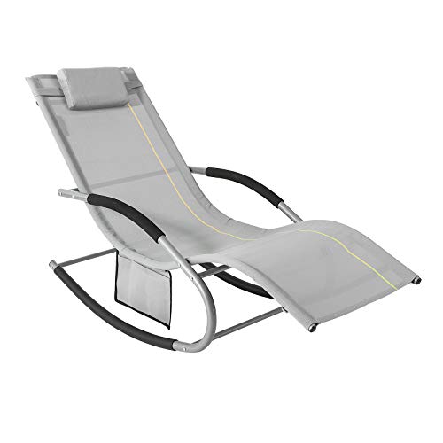 SoBuy Sonnenliege Gartenliege wetterfest Liegestuhl Schaukelstuhl mit Kopfkissen Relaxliege Schaukelliege Strandliege Outdoor Terrasse Balkon Camping bis 150 kg Grau Gartenmöbel OGS28-HG von SoBuy
