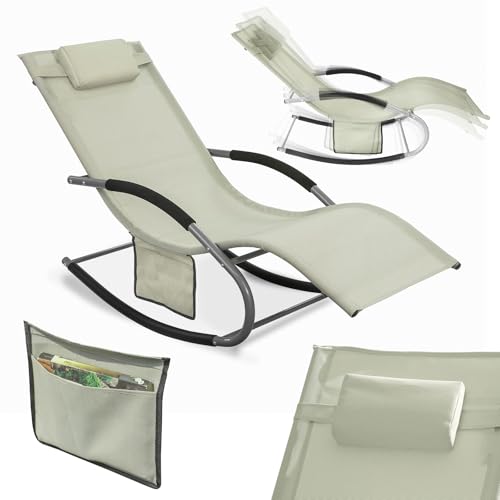 SoBuy Sonnenliege Gartenliege wetterfest Liegestuhl Schaukelstuhl mit Kopfkissen Relaxliege Schaukelliege Strandliege Outdoor Terrasse Balkon Camping bis 150 kg Beige Gartenmöbel OGS28-MI von SoBuy