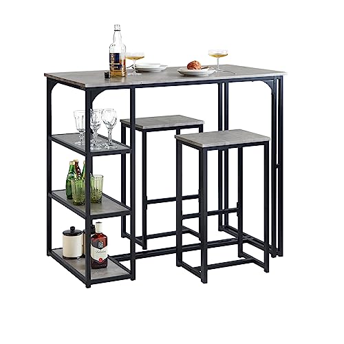SoBuy OGT43-HG 3-teilig Bartisch mit Stühlen Esstisch Stehtisch mit 3 Ablagefläche Bartheke Tresentisch Bistrotisch mit 2 Barhocker Sitzgruppe Hellgrau von SoBuy