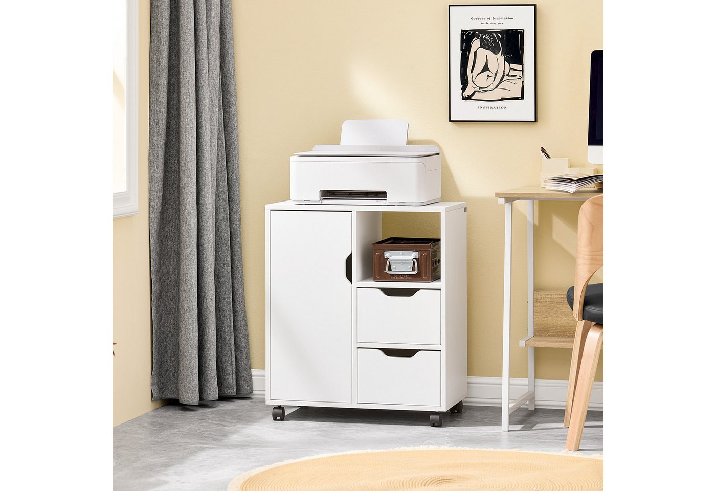 SoBuy Rollcontainer FBT105, Druckertisch Unterschrank Aktenschrank Bürocontainer Büromöbel, Rollcontainer auf Rollen, Beistellwagen, mit 2 Schubladen und 1 Tür von SoBuy