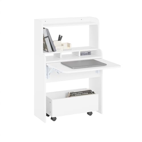 SoBuy Schreibtisch klappbar Computertisch mit Ablagen Klapptisch mit Aufbewahrungsbox Arbeitstisch Bürotisch für Homeoffice Wandtisch Laptoptisch mit Servicewagen BHT ca. 64x98x64cm Weiß FWT105-W von SoBuy