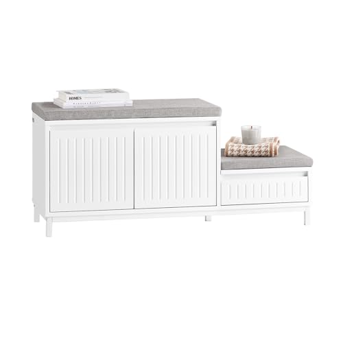 SoBuy Schuhbank mit Sitzfläche Schuhregal Schuhbank mit Stauraum – Schuhschrank mit Schublade & Türen – Belastbar bis 181kg für Flur & Kinder – Weiß 100x35x42cm FSR172-W von SoBuy