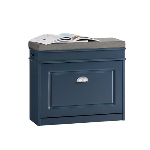SoBuy Schuhbank mit Sitzkissen und Stauraum Schuhschrank mit Klappe, Schuhregal schmal platzsparende Sitzbank mit Stauraum für Flur, Wohnzimmer, Schlafzimmer, bis 150 kg, Blau, 60x52x24cm, FSR82-K-B von SoBuy