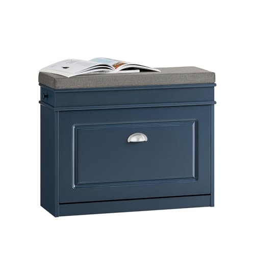 SoBuy Schuhbank mit Sitzkissen und Stauraum Schuhschrank mit Klappe, Schuhregal schmal platzsparende Sitzbank mit Stauraum für Flur, Wohnzimmer, Schlafzimmer, bis 150 kg, Blau, 75x52x24cm, FSR82-L-B von SoBuy