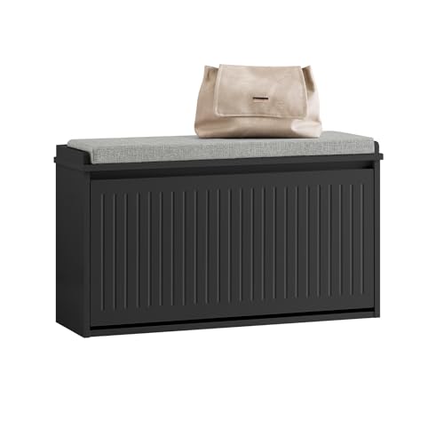 SoBuy Schuhschrank Schuhbank mit Sitzfläche, Schuhregal mit Stauraum, Klappe, Sitzkissen, bis 155 kg belastbar, für Flur, Wohnzimmer, 80x45x26 cm, Schwarz, FSR98-L-SCH von SoBuy