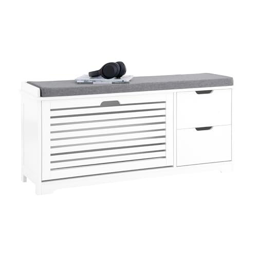 SoBuy Schuhbank mit Sitzfläche und Stauraum – Sitzbank Flur mit Sitzkissen & 2 Schubladen – Schuhregal Platzsparend für Diele, Flur, Schlafzimmer – Weiß, 110x30x52cm, 150kg – FSR185-W von SoBuy