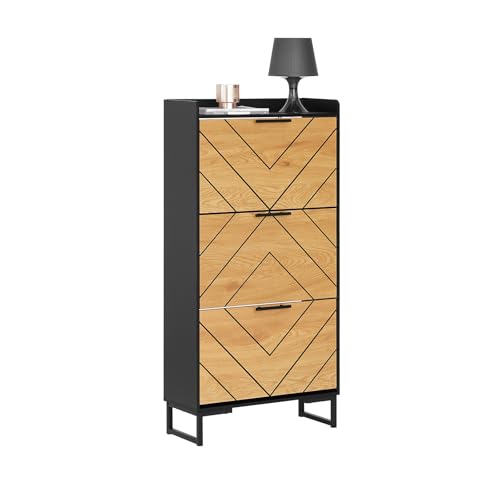 SoBuy Schuhkipper mit 3 Klappen Schuhablage Schuhschrank schmal Schuhregal mit 6 Ablageflächen Schuhkommode Schwarz-Braun BHT ca. 62x125x24cm FSR164-SCH von SoBuy