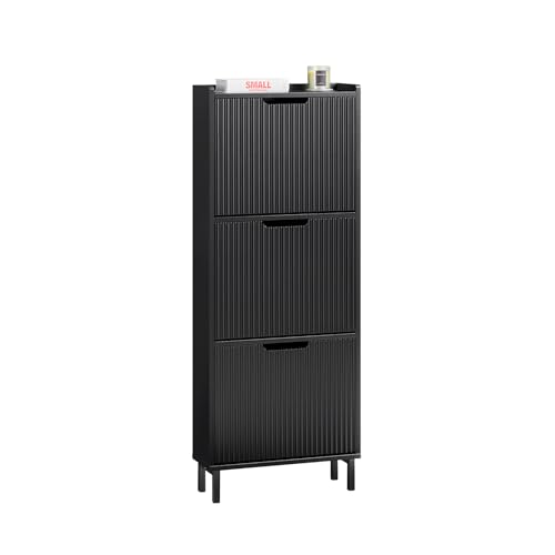 SoBuy Schuhschrank schmal mit 3 Klappen Platzsparender Schuhkipper Hoch Kommode Schuhregal geschlossen Flurschrank für Diele, Flur 50x130x19cm Schwarz FSR177-H-SCH von SoBuy
