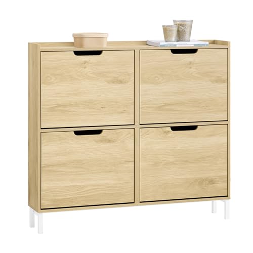 SoBuy Schuhschrank schmal mit 4 Klappen platzsparender Schuhkipper Hoch Kommode mit 4 Ablagen Schuhregal geschlossen Shoe Cabinet Flurschrank für Diele, Flur, Garderobe 100x91x19cm Natur FSR100-N von SoBuy