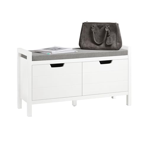 SoBuy Schuhbank mit Sitzfläche und Stauraum – Schuhregal Flur Sitzbank mit Truhe – Gepolsterte Sitzfläche & große Klappe – Für Eingangsbereich & Wohnzimmer – Weiß MDF 91x30x50cm FSR63-II-W von SoBuy