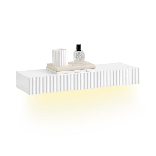 SoBuy Schweberegal mit Schublade & LED-Bewegungssensor-Licht, Wandregal für Schlafzimmer, Flur & Wohnzimmer, batteriebetrieben, B60 × T20 × H8 cm, Weiß, FHK38-W von SoBuy