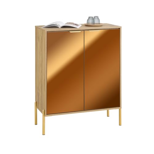 SoBuy Sideboard Kommode mit Spiegeltüren – Flurschrank mit 5 verstellbaren Fächern und viel Stauraum, Modernes Küchenbuffet für Wohnzimmer, Küche oder Flur, Gold 83x38x100 cm FSB96-G von SoBuy