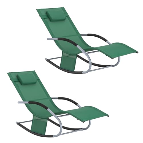 SoBuy Sonnenliege 2 Personen Liegestuhl Gartenliege wetterfest Schaukelstuhl mit Kopfkissen Schaukelliege Strandliege Outdoor Terrasse Balkon Camping bis 150 kg Dunkelgrün Gartenmöbel OGS28-WDx2 von SoBuy