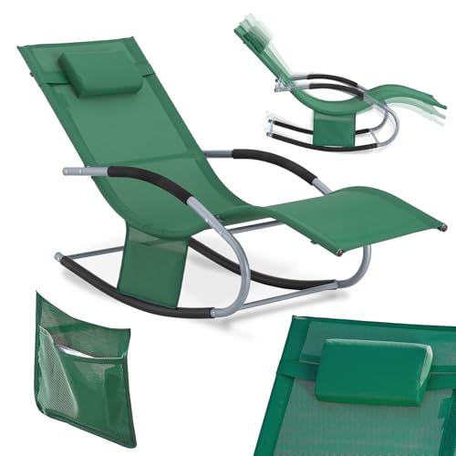 SoBuy Sonnenliege Gartenliege wetterfest Liegestuhl Schaukelstuhl mit Kopfkissen Relaxliege Schaukelliege Strandliege Outdoor Terrasse Balkon Camping bis 150 kg Dunkelgrün Gartenmöbel OGS28-WD von SoBuy